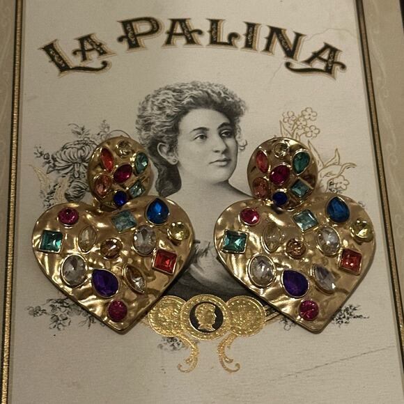 🌟🌟HOLIDAY🌟🌟READY GOLD TONE HEART EARRINGS BEDAZZLED w/FAUX COLORED STONES NEW - Picture 7 of 9